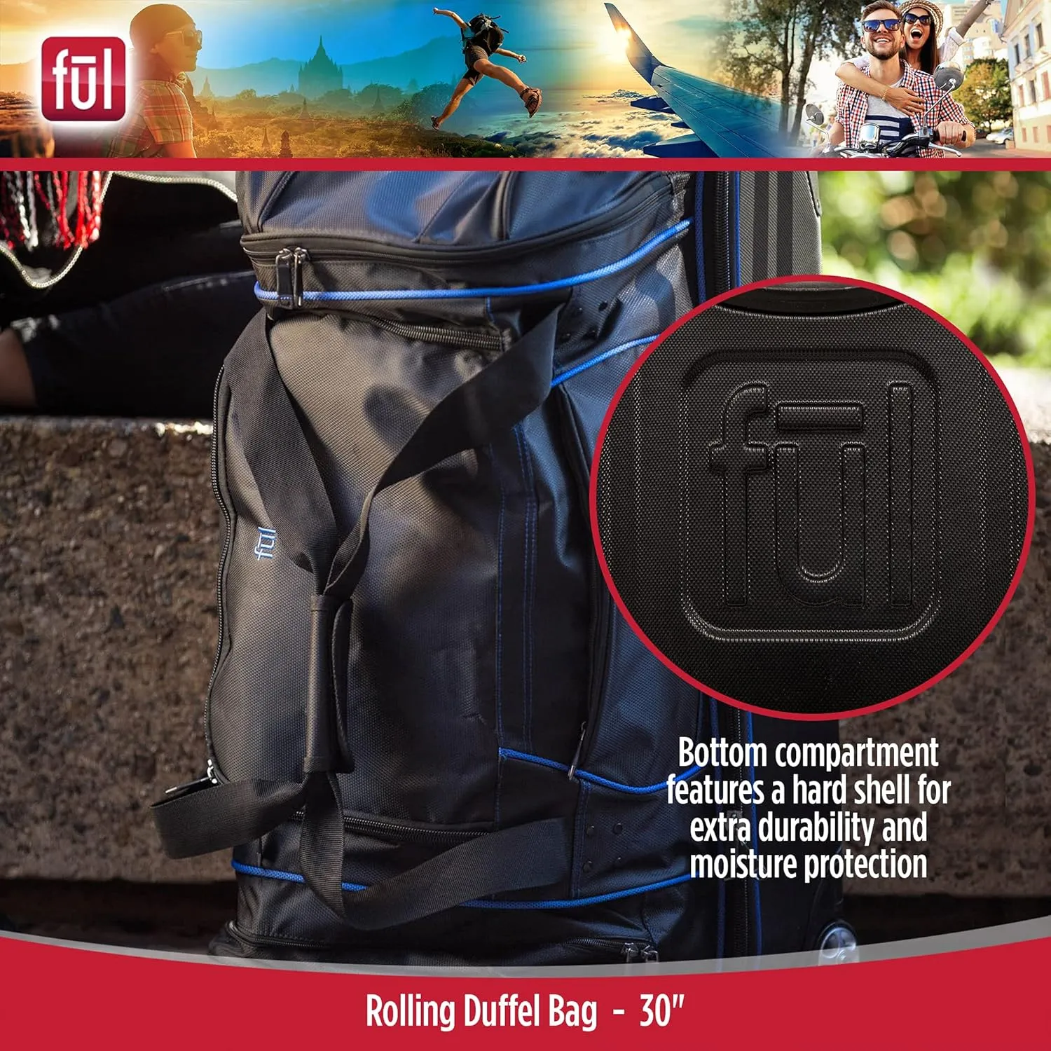 FUL Unisex-Adult (Luggage only) Workhorse 30 Inch Rolling Duffel Bag, Travel Wheels