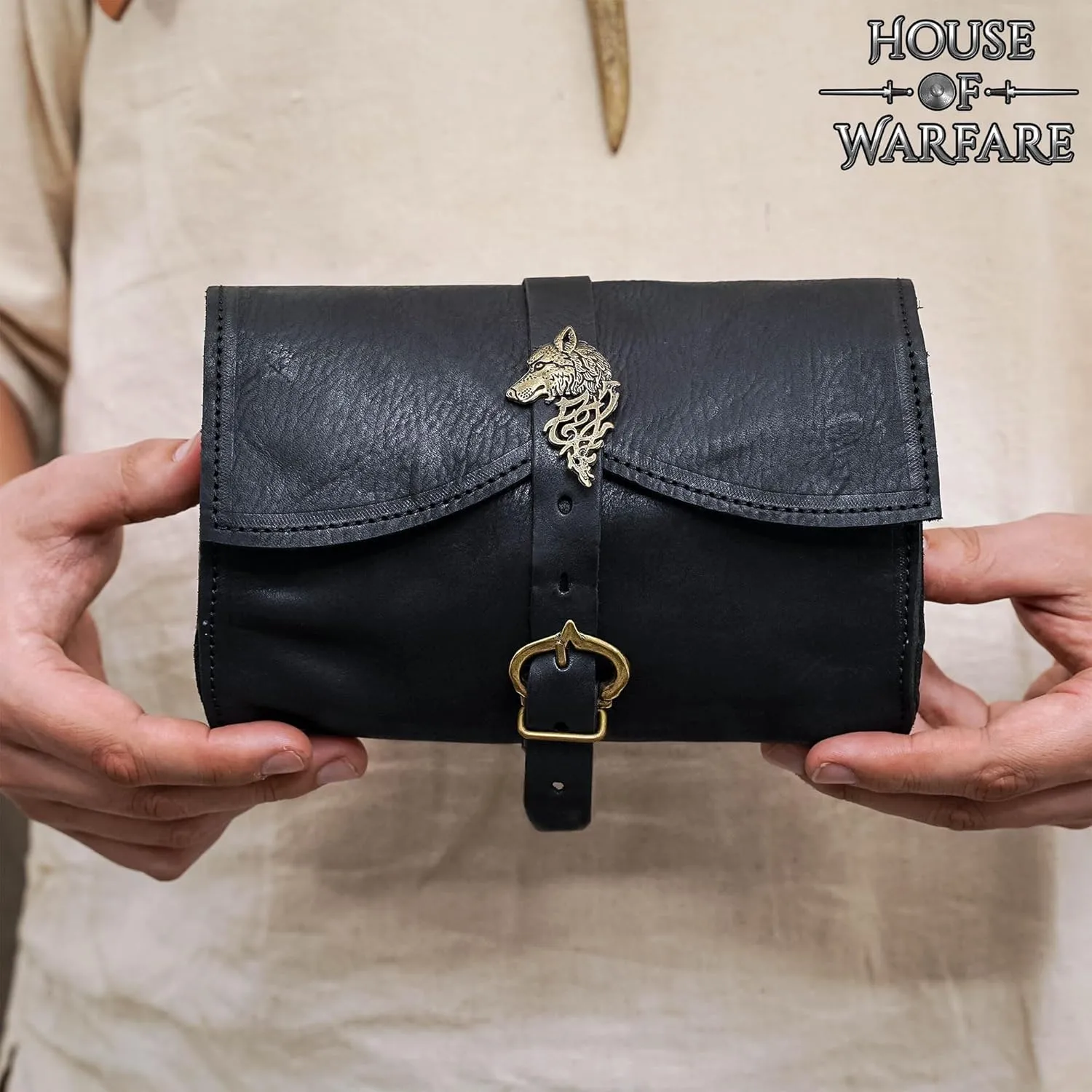 Full Grain Leather Belt Bag for Men & Women | Handmade Medieval LARP Pouch with Buckle for Cosplay & Renaissance Fair (Adventurer Wolf Bag)