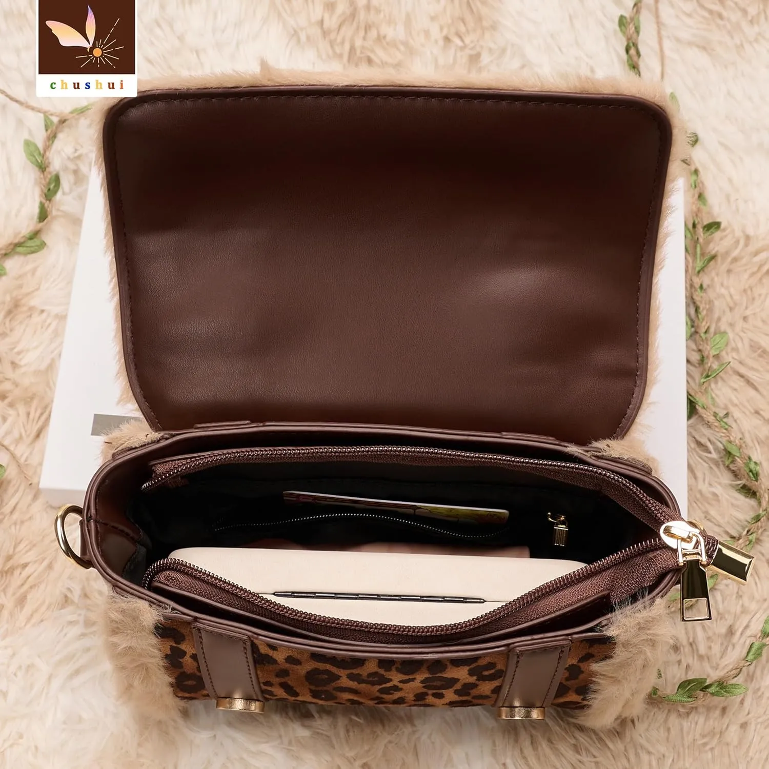 Fur Purse,Vintage-Revival Small Crossbody Bag,Top Handle Leather Handbag for Women