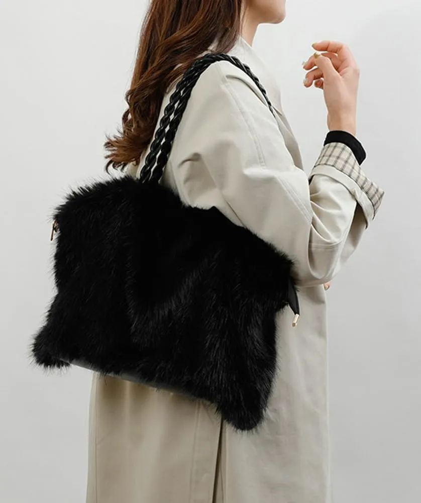 Furry Shoulder Bag Purse for Women Y2K Fluffy Faux Fur Tote Purse Large Handbag Top Handle Satchels with Chain