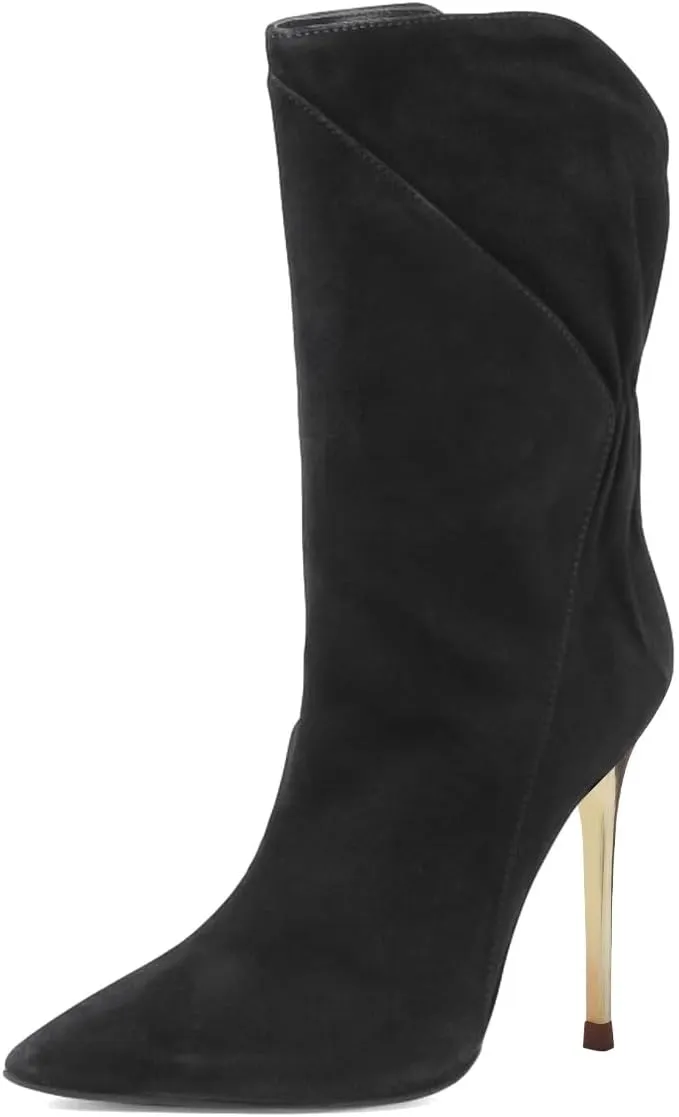 FYS Women's Slouchy Pointed Toe Heeled Mid Calf Boots Stretchy Stiletto High Heel Booties Party Dress Fall Winter Shoes Size 4-16 US