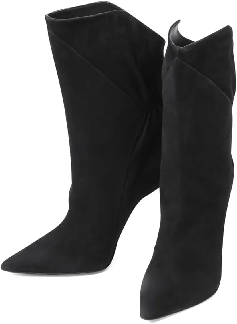 FYS Women's Slouchy Pointed Toe Heeled Mid Calf Boots Stretchy Stiletto High Heel Booties Party Dress Fall Winter Shoes Size 4-16 US