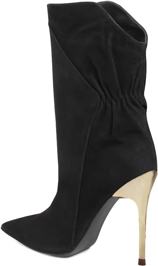 FYS Women's Slouchy Pointed Toe Heeled Mid Calf Boots Stretchy Stiletto High Heel Booties Party Dress Fall Winter Shoes Size 4-16 US