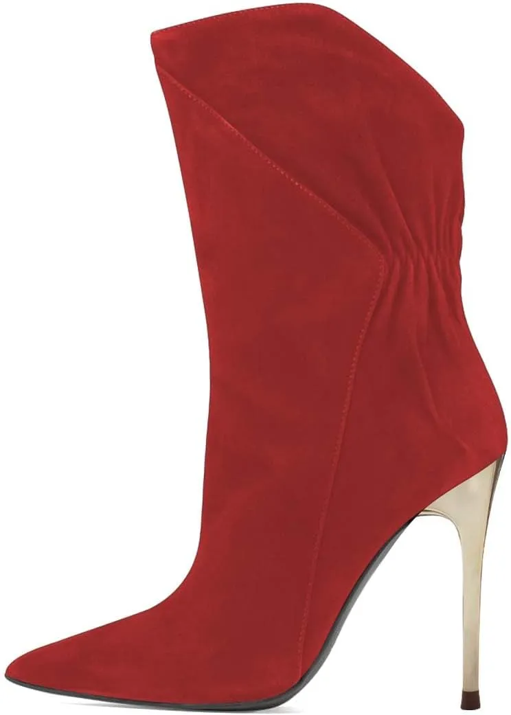 FYS Women's Slouchy Pointed Toe Heeled Mid Calf Boots Stretchy Stiletto High Heel Booties Party Dress Fall Winter Shoes Size 4-16 US