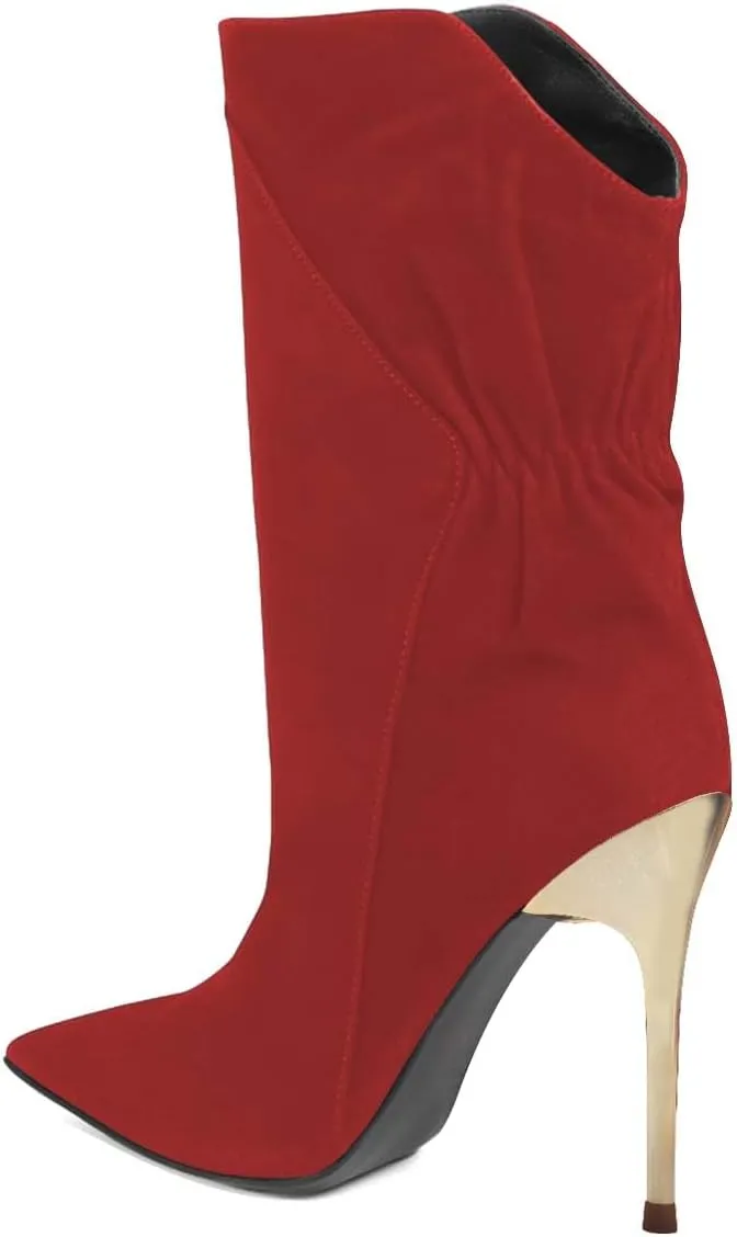 FYS Women's Slouchy Pointed Toe Heeled Mid Calf Boots Stretchy Stiletto High Heel Booties Party Dress Fall Winter Shoes Size 4-16 US