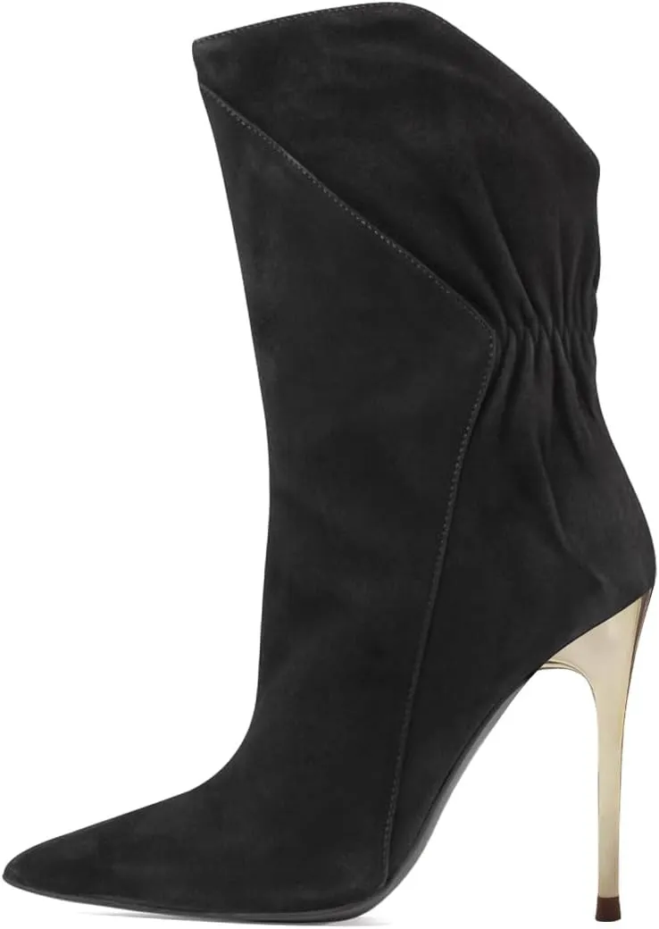 FYS Women's Slouchy Pointed Toe Heeled Mid Calf Boots Stretchy Stiletto High Heel Booties Party Dress Fall Winter Shoes Size 4-16 US