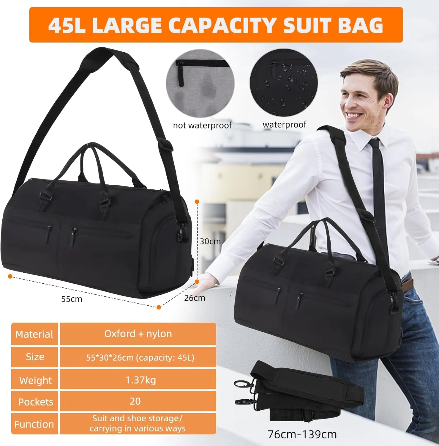 Garment Duffle Bag for Travel, Carry on Suit Bags with Shoe Compartment & Detachable Shoulder Strap, Travel 2 in 1 Convertible Garment Duffle Bag for Men Women（Black）