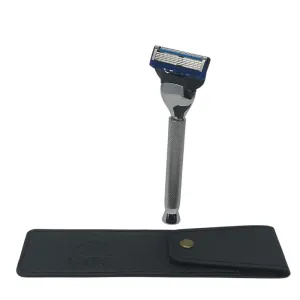 G.B.S Stylish Long Handle Textured Ergonomic Shaving Razor with Protective Leather Case for Travel, Chrome