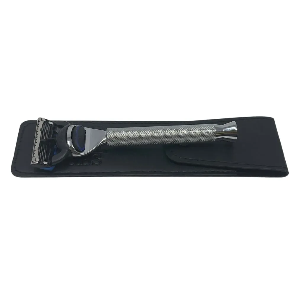 G.B.S Stylish Long Handle Textured Ergonomic Shaving Razor with Protective Leather Case for Travel, Chrome
