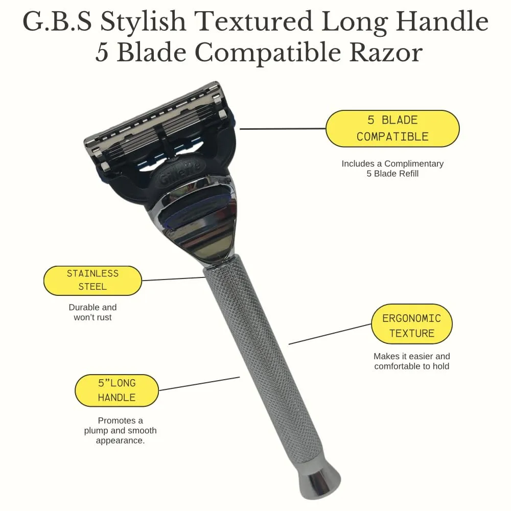 G.B.S Stylish Long Handle Textured Ergonomic Shaving Razor with Protective Leather Case for Travel, Chrome