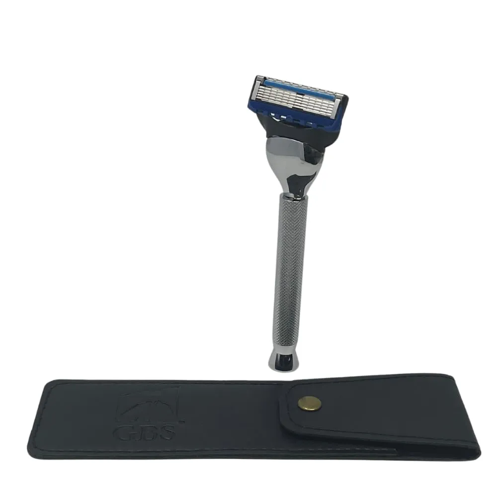 G.B.S Stylish Long Handle Textured Ergonomic Shaving Razor with Protective Leather Case for Travel, Chrome