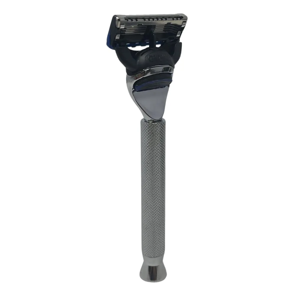 G.B.S Stylish Long Handle Textured Ergonomic Shaving Razor with Protective Leather Case for Travel, Chrome