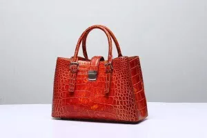 Genuine  Crocodile Leather Top Handle Tote  Shoulder Bag Vintage Orange