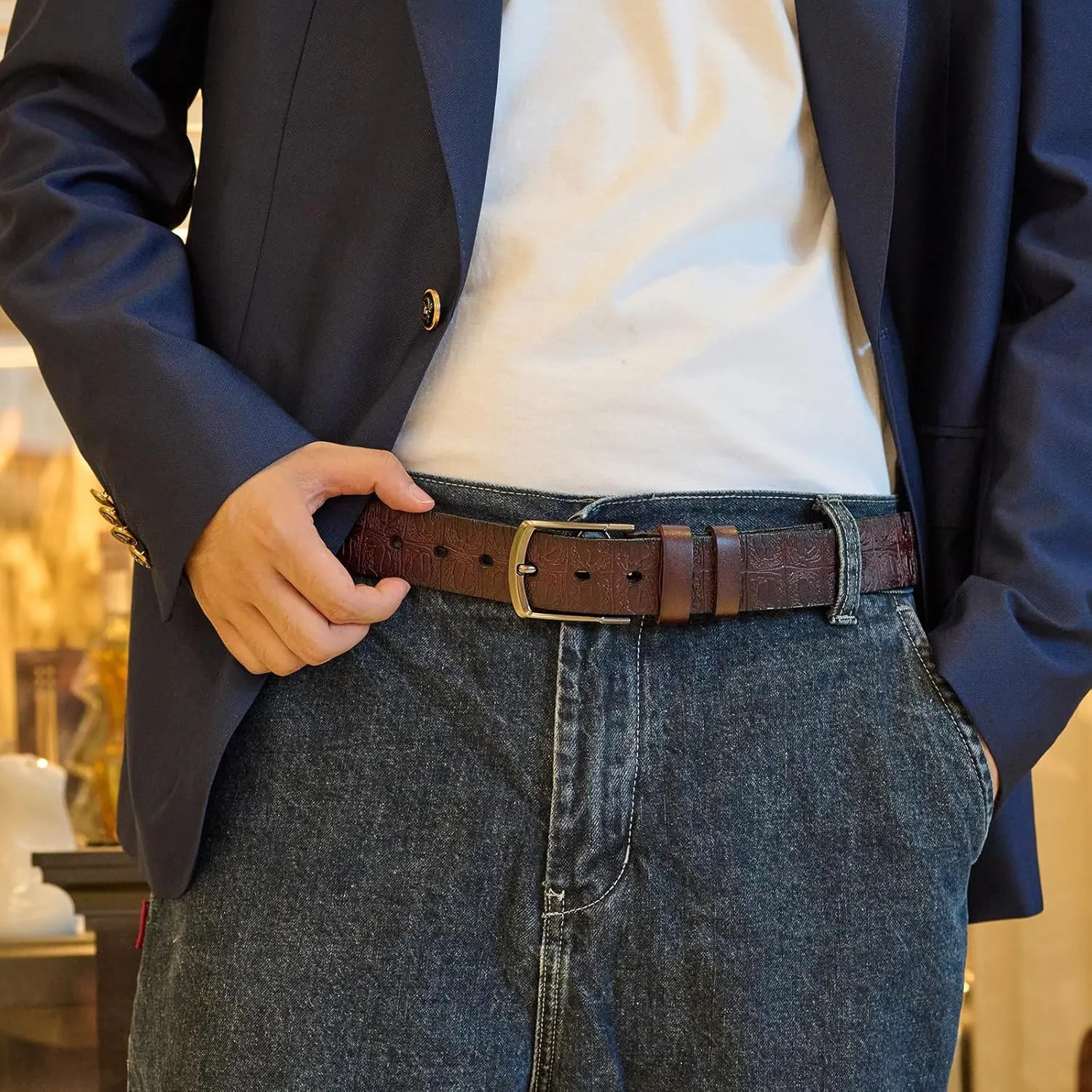 Genuine Leather Embossed Belt for Men – Western Leather Belt for Men, Adjustable Size for Business & Casual Wear