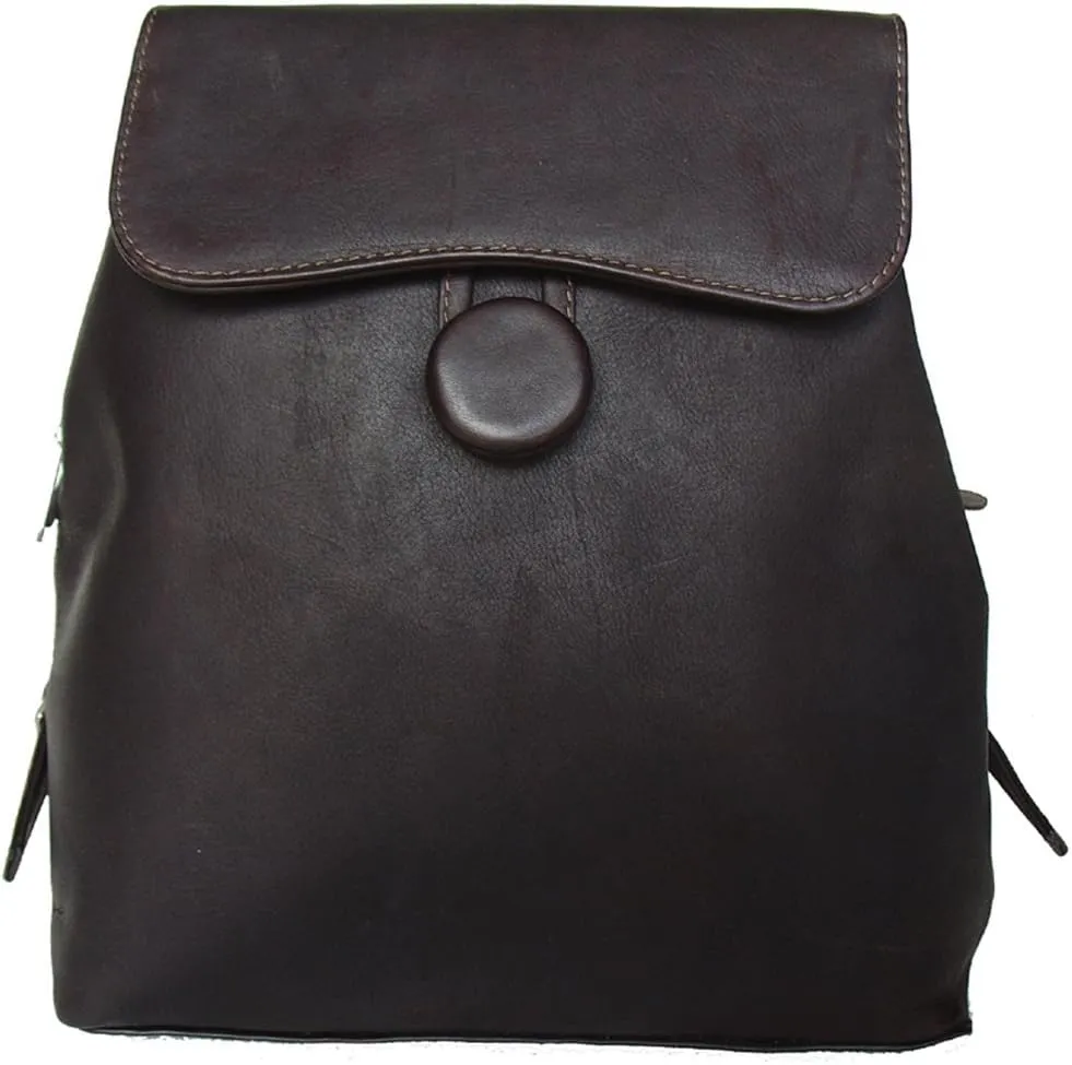 Genuine Leather Flap-Over Button Backpack, Chocolate, One Size