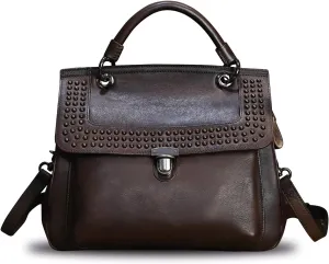 Genuine Leather Satchel Purse for Women Retro Handmade Top Handle Handbag Rivet Style Crossbody Bag