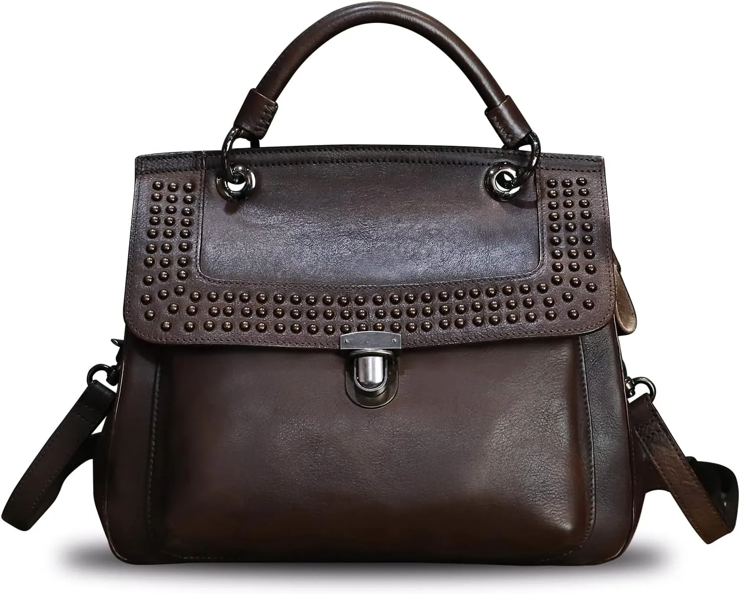 Genuine Leather Satchel Purse for Women Retro Handmade Top Handle Handbag Rivet Style Crossbody Bag