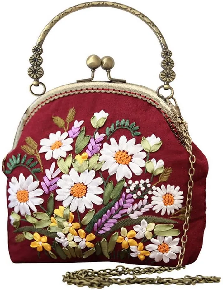 Gogobear Easy Embroidery DIY Bags Purse Wallet Handbag, Cross Stitch Kit for Beginner Needlework Sewing Craft Friend Gifts Bags Beautiful Flower Basket Girl