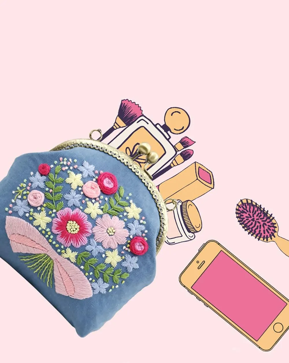 Gogobear Easy Embroidery DIY Bags Purse Wallet Handbag, Cross Stitch Kit for Beginner Needlework Sewing Craft Friend Gifts Bags Beautiful Flower Basket Girl
