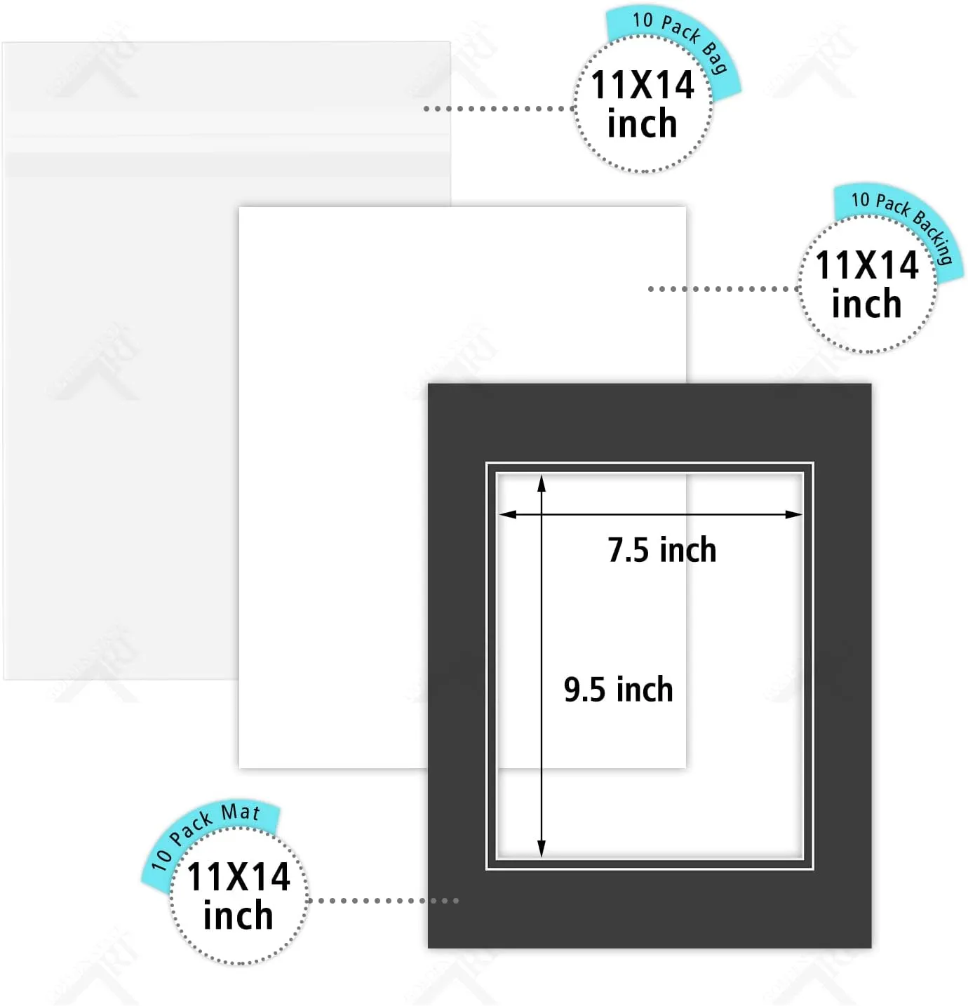Golden State Art Pack of 10 Double Mats 11x14 Core Bevel Cut for 8x10 Pictures   Backing   Bags, 11" x 14", Black/White/Clear
