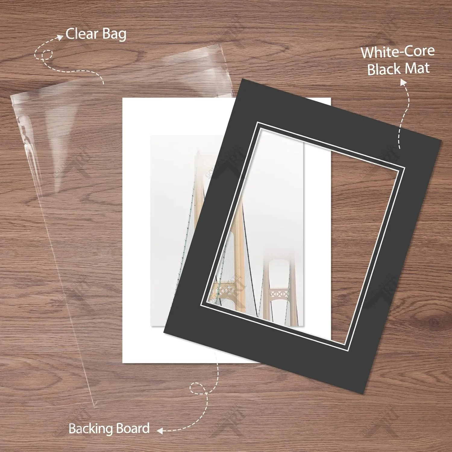 Golden State Art Pack of 10 Double Mats 11x14 Core Bevel Cut for 8x10 Pictures   Backing   Bags, 11" x 14", Black/White/Clear