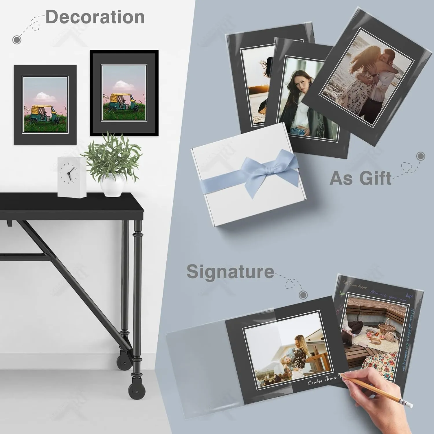 Golden State Art Pack of 10 Double Mats 11x14 Core Bevel Cut for 8x10 Pictures   Backing   Bags, 11" x 14", Black/White/Clear