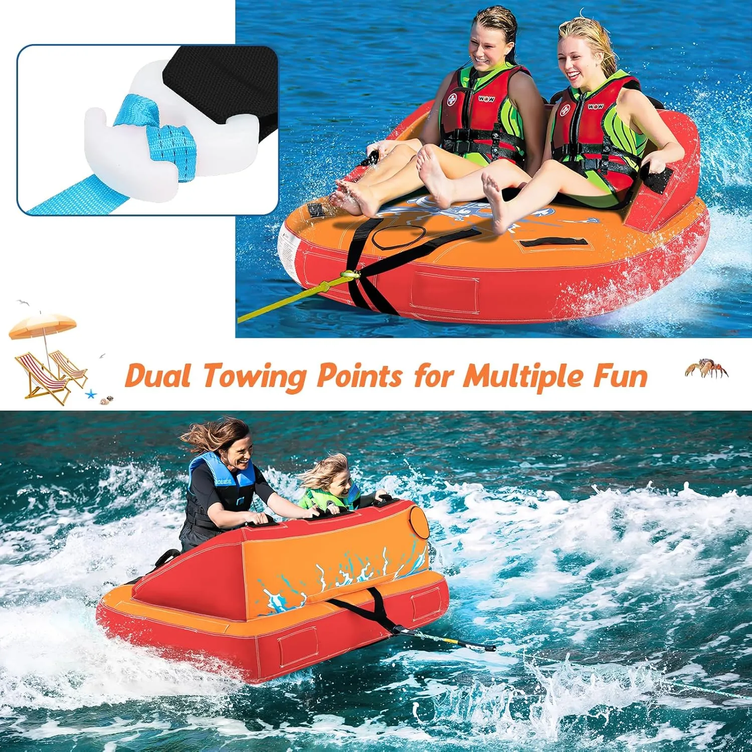 Goplus Inflatable Towable Tubes for Boating, 1-2/1-3 Riders Water Sports Tube for Boat to Pull, Sofa Style Boat Tube with Drainage, Dual Front and Back Tow Points