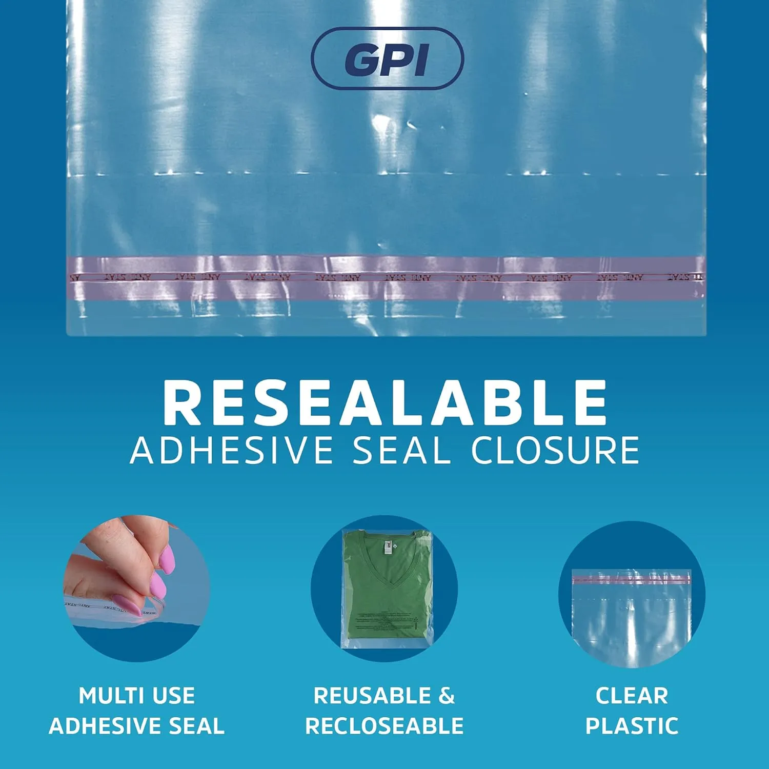 GPI - Case of 1000, 8" X 10" Clear Self Seal Poly Bags, 1.5 Mil - Resealable, Peel & Seal Poly bags with Adhesive Strip & Suffocation Warning for Packaging & Shipping T Shirts & Clothing.
