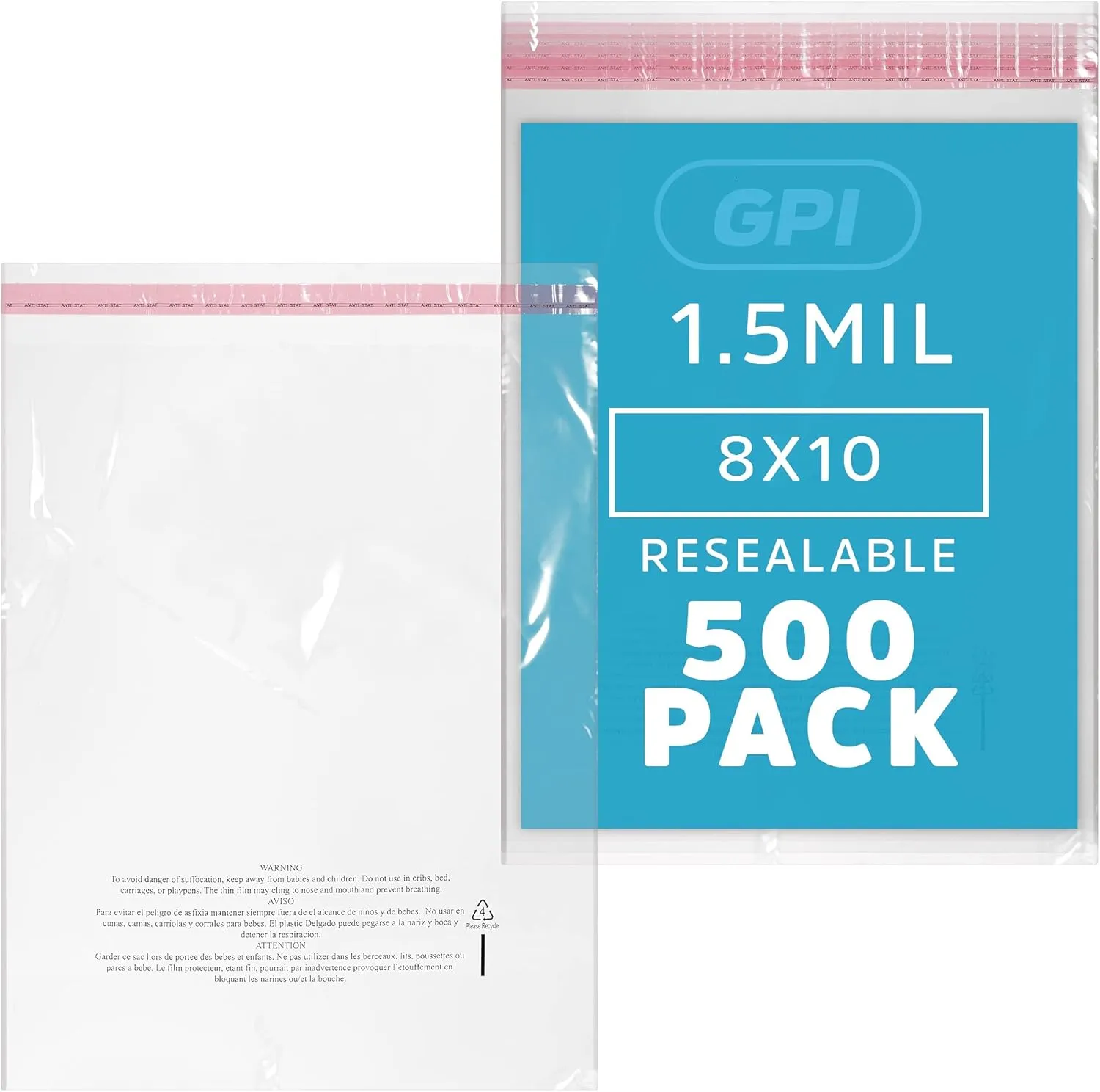 GPI - Case of 1000, 8" X 10" Clear Self Seal Poly Bags, 1.5 Mil - Resealable, Peel & Seal Poly bags with Adhesive Strip & Suffocation Warning for Packaging & Shipping T Shirts & Clothing.