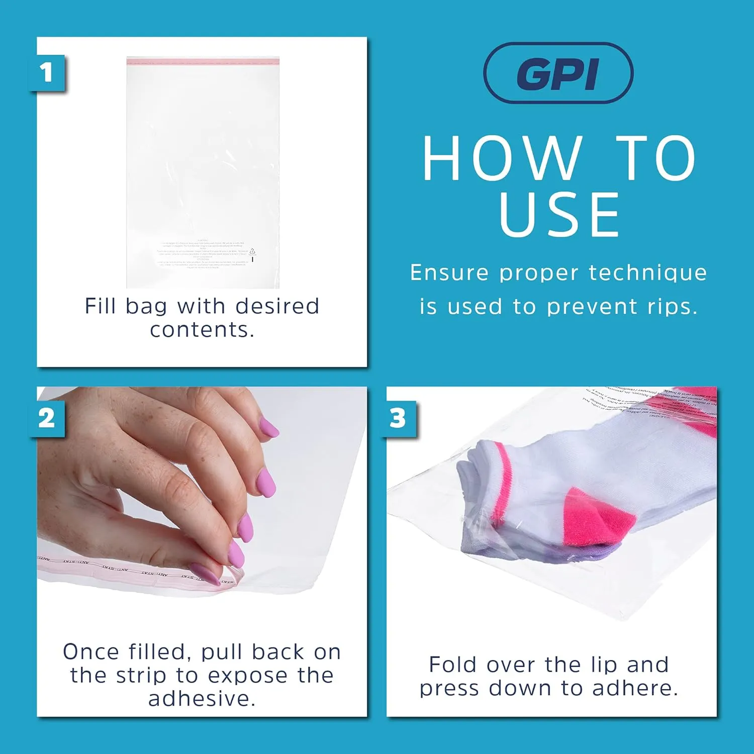 GPI - Case of 1000, 8" X 10" Clear Self Seal Poly Bags, 1.5 Mil - Resealable, Peel & Seal Poly bags with Adhesive Strip & Suffocation Warning for Packaging & Shipping T Shirts & Clothing.