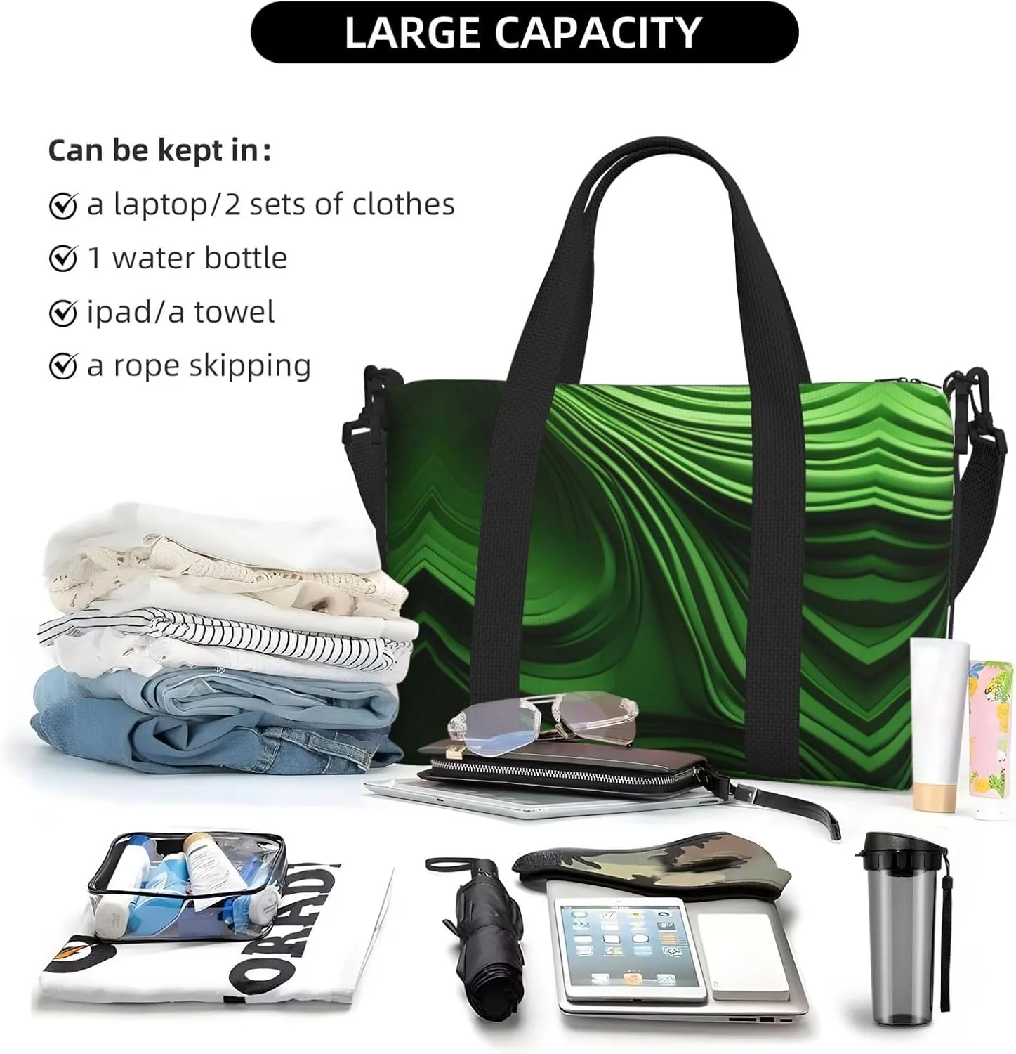 Green Curve Texture Women Travel Duffel Bag, Large Weekender Carry-On Tote, Gym Workout Bag,Mommy Hospital Bag
