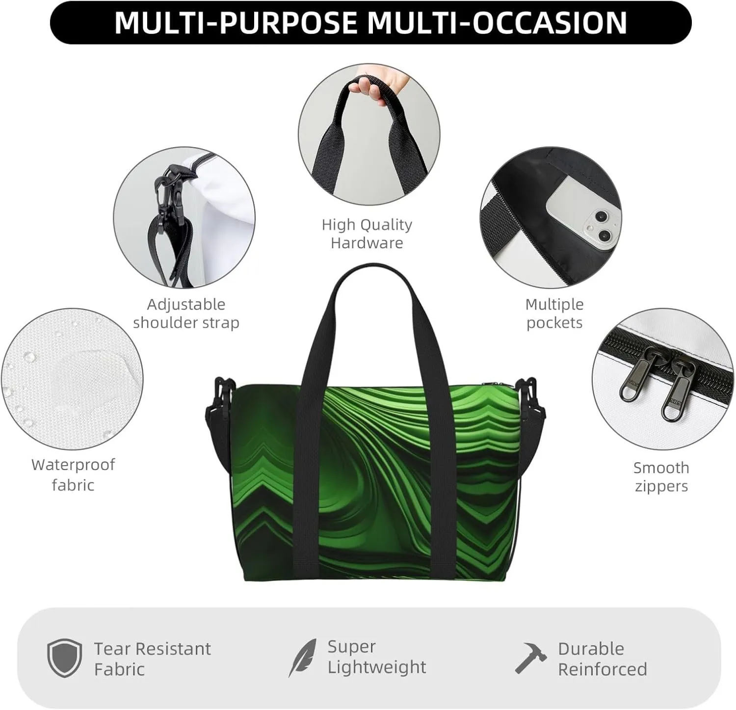 Green Curve Texture Women Travel Duffel Bag, Large Weekender Carry-On Tote, Gym Workout Bag,Mommy Hospital Bag