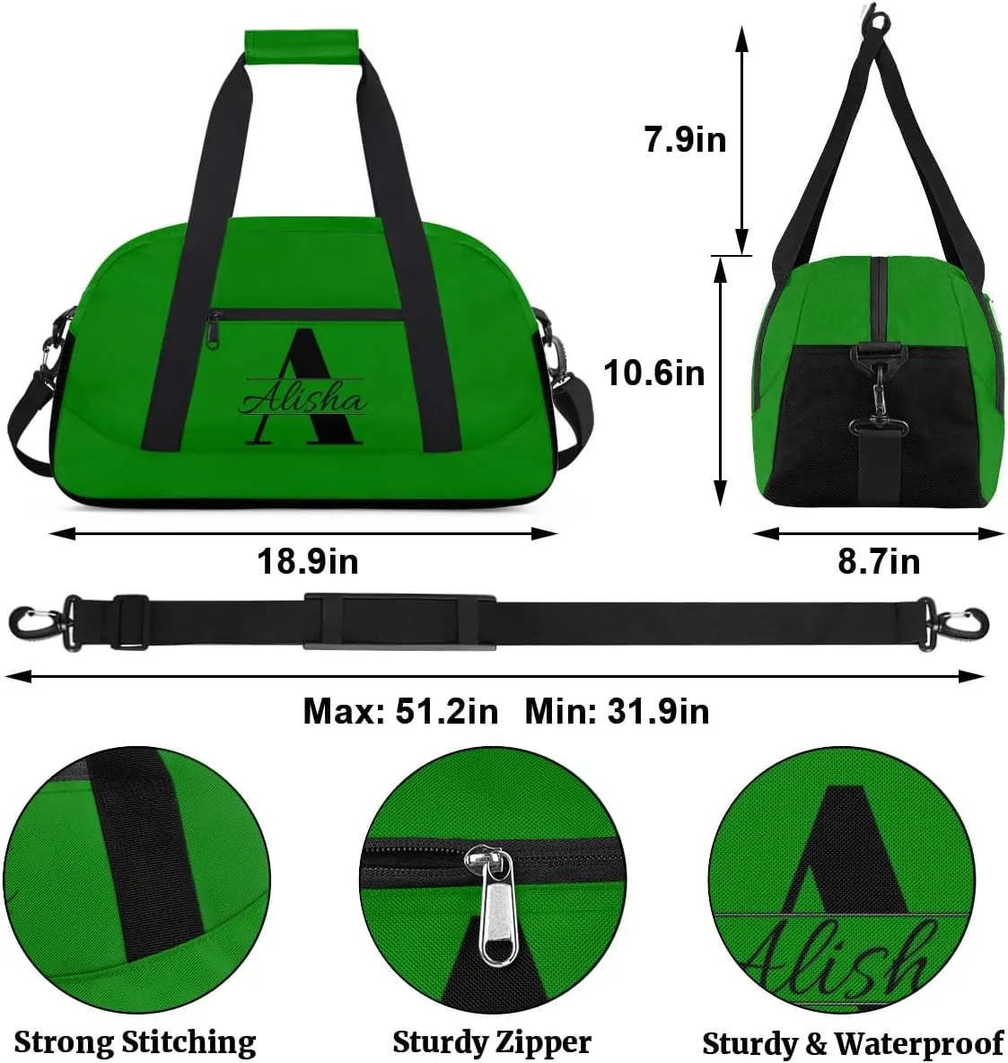 Green Personalized Duffel Bag, Custom Travel Bag with Name, Initial Weekender Overnight Bag Monogram Sport Gym Bags for Women Men