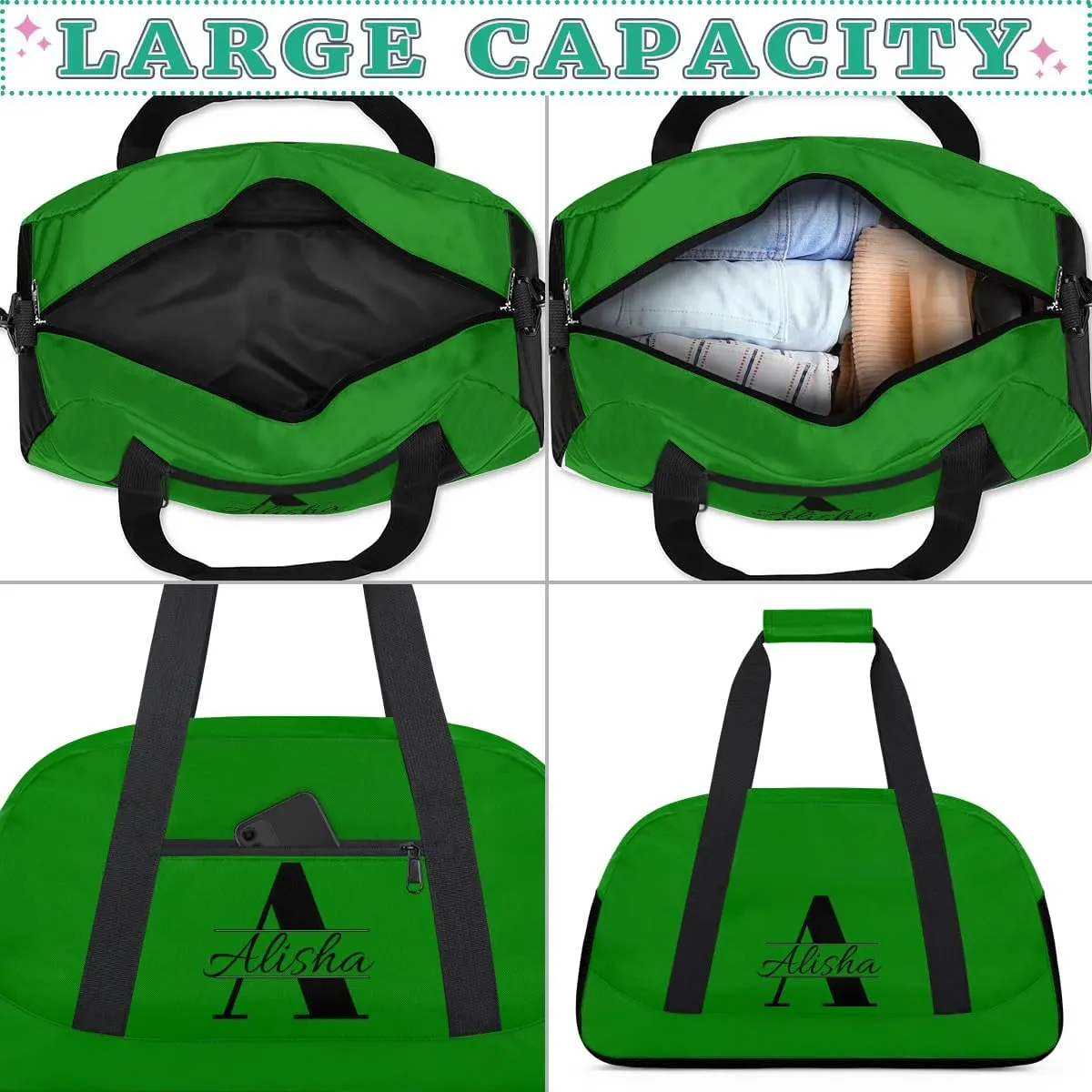 Green Personalized Duffel Bag, Custom Travel Bag with Name, Initial Weekender Overnight Bag Monogram Sport Gym Bags for Women Men