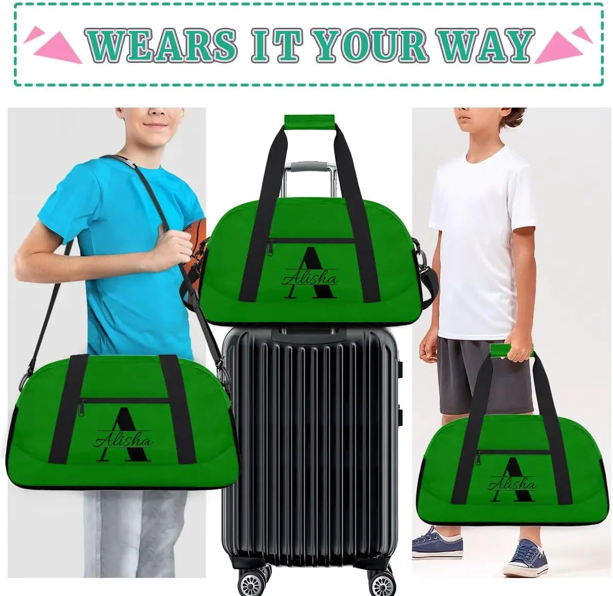 Green Personalized Duffel Bag, Custom Travel Bag with Name, Initial Weekender Overnight Bag Monogram Sport Gym Bags for Women Men