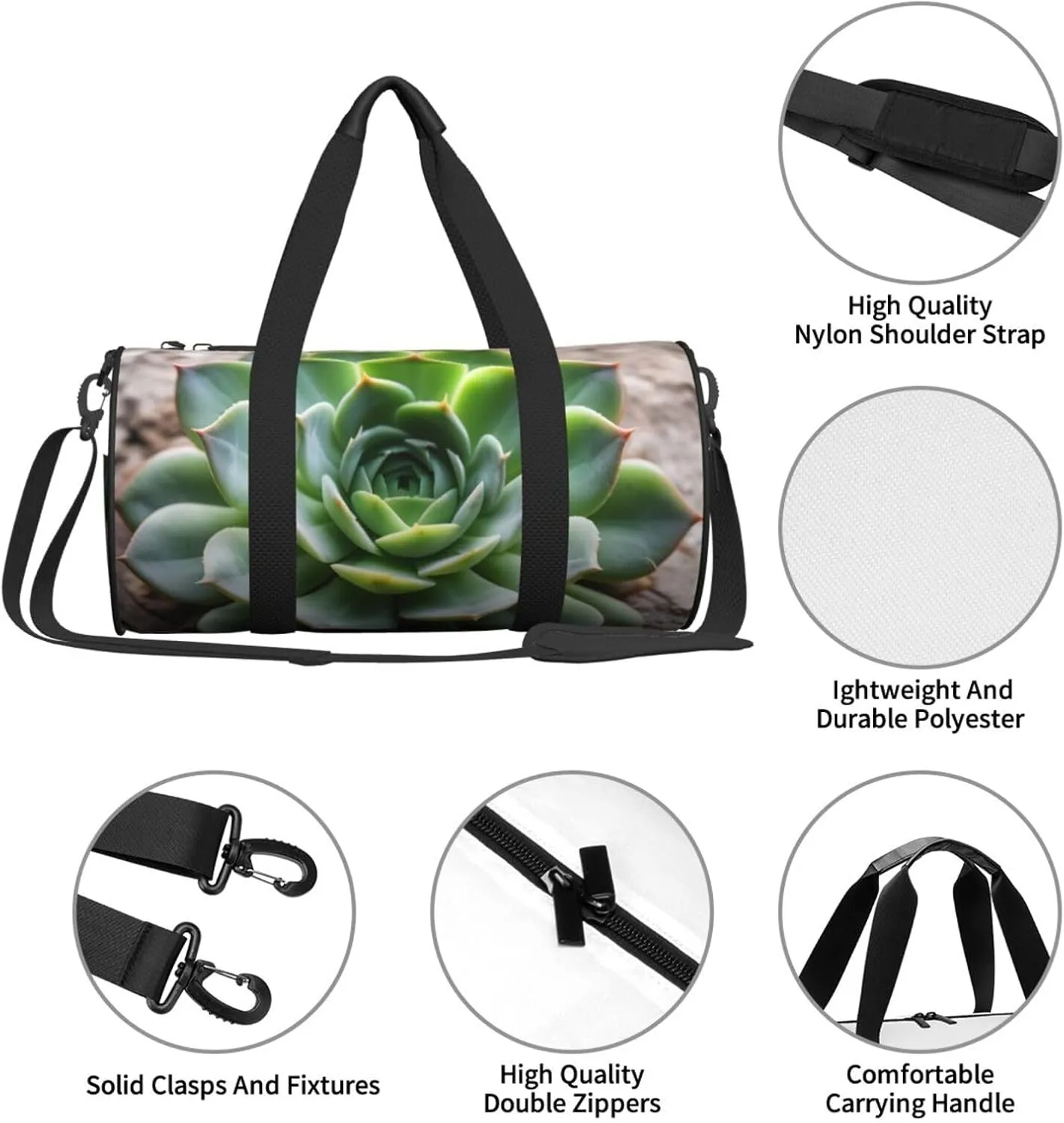 Green Succulent Printed Travel Bag,Round Personal Item Storage bag,Foldie Duffel Bag for Traveling Vacation,Fitness,Sports