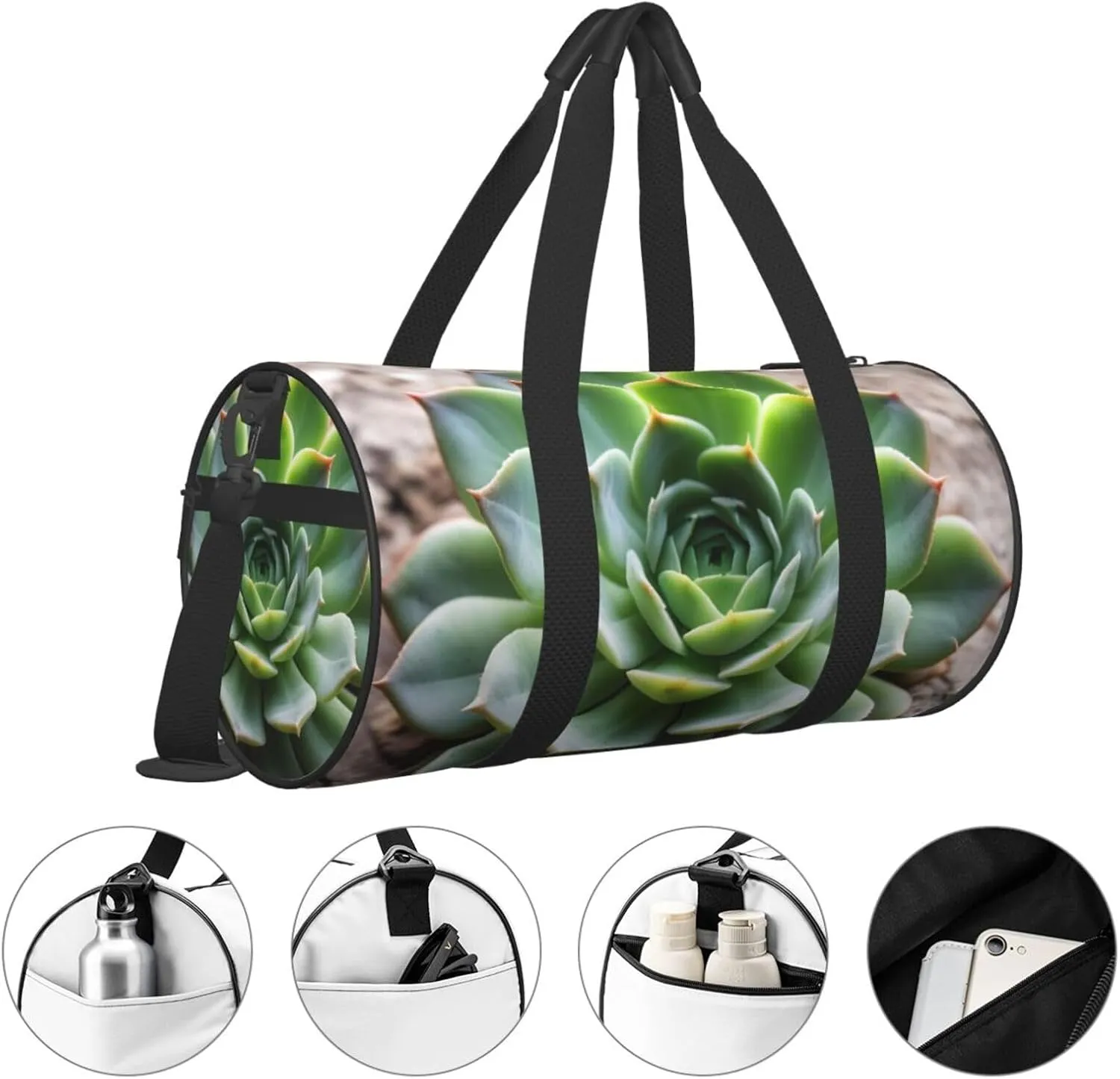 Green Succulent Printed Travel Bag,Round Personal Item Storage bag,Foldie Duffel Bag for Traveling Vacation,Fitness,Sports