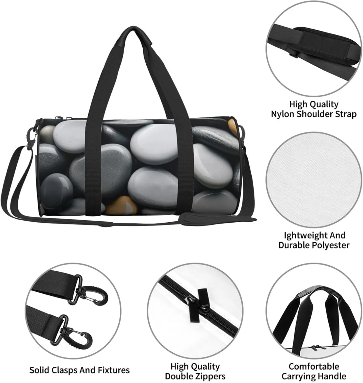 Grey Zen Stones Picture Printed Travel Bag,Round Personal Item Storage bag,Foldie Duffel Bag for Traveling Vacation,Fitness,Sports