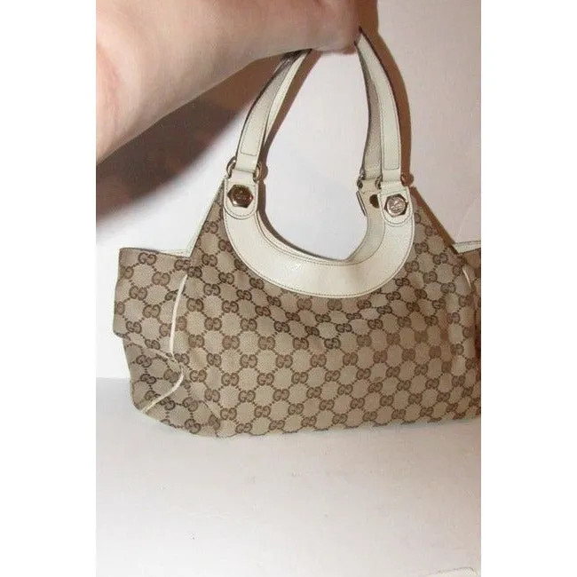 Gucci Print Canvasleather Charmy Brown Guccissimawhite Lthr Gg Canvas And Leather Satchel