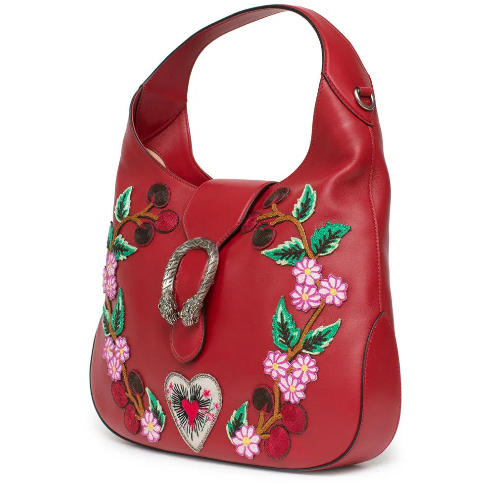Gucci Red Dionysus Embroidery Cherry Blossoms Leather Shoulder Bag Medium Hobo Handbag New