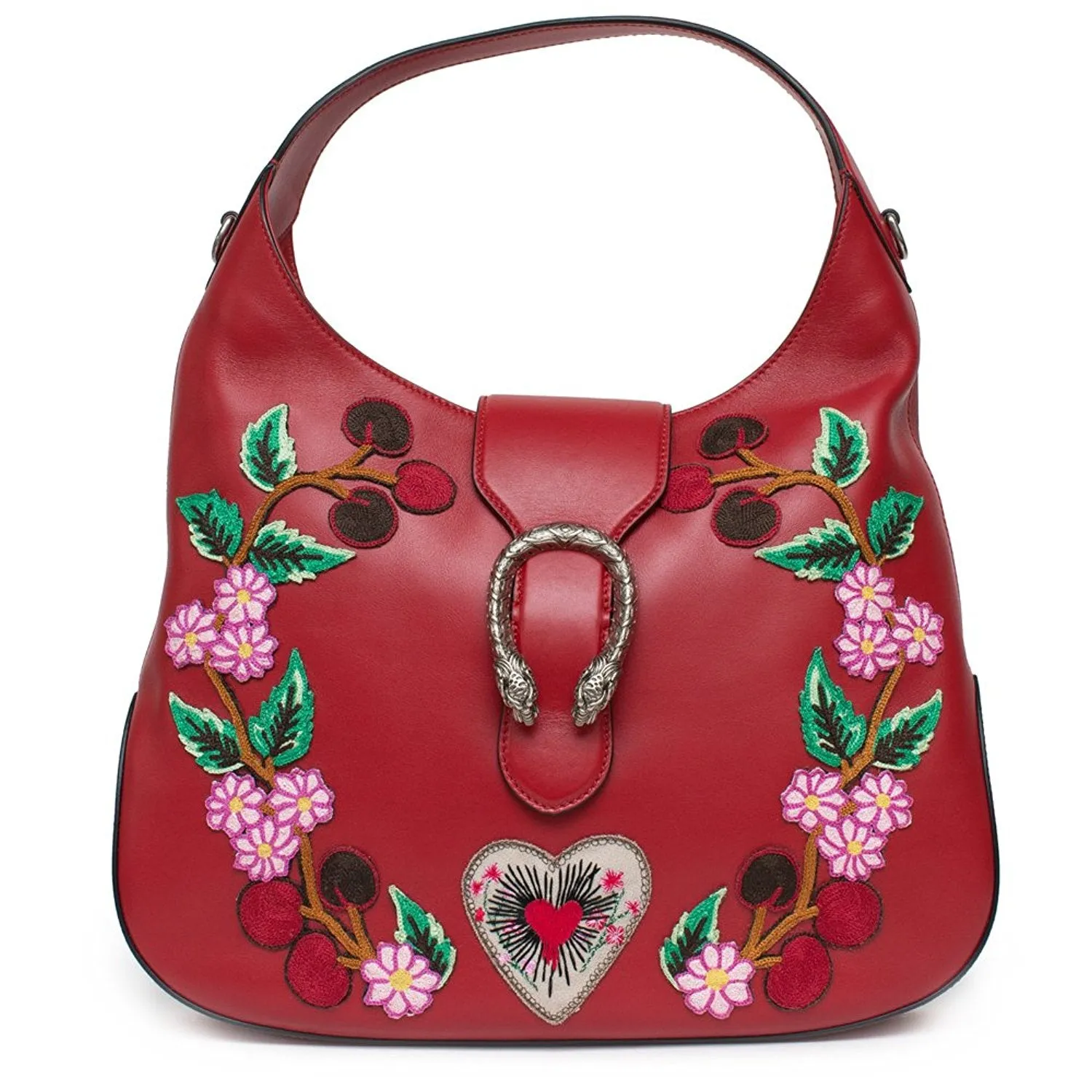 Gucci Red Dionysus Embroidery Cherry Blossoms Leather Shoulder Bag Medium Hobo Handbag New