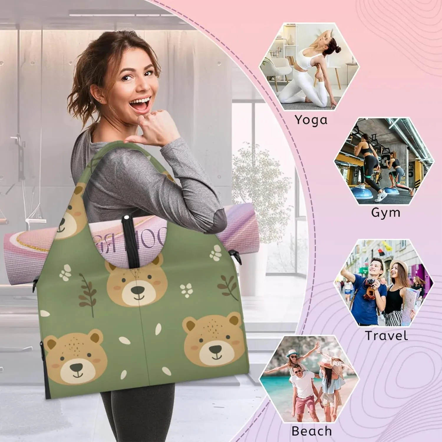 Gym Bag for Women Bear Cartoon Duffel Bag with Shoe Compartment and Yoga Mat Holder Portable Weekender Bags Travel Tote Bags