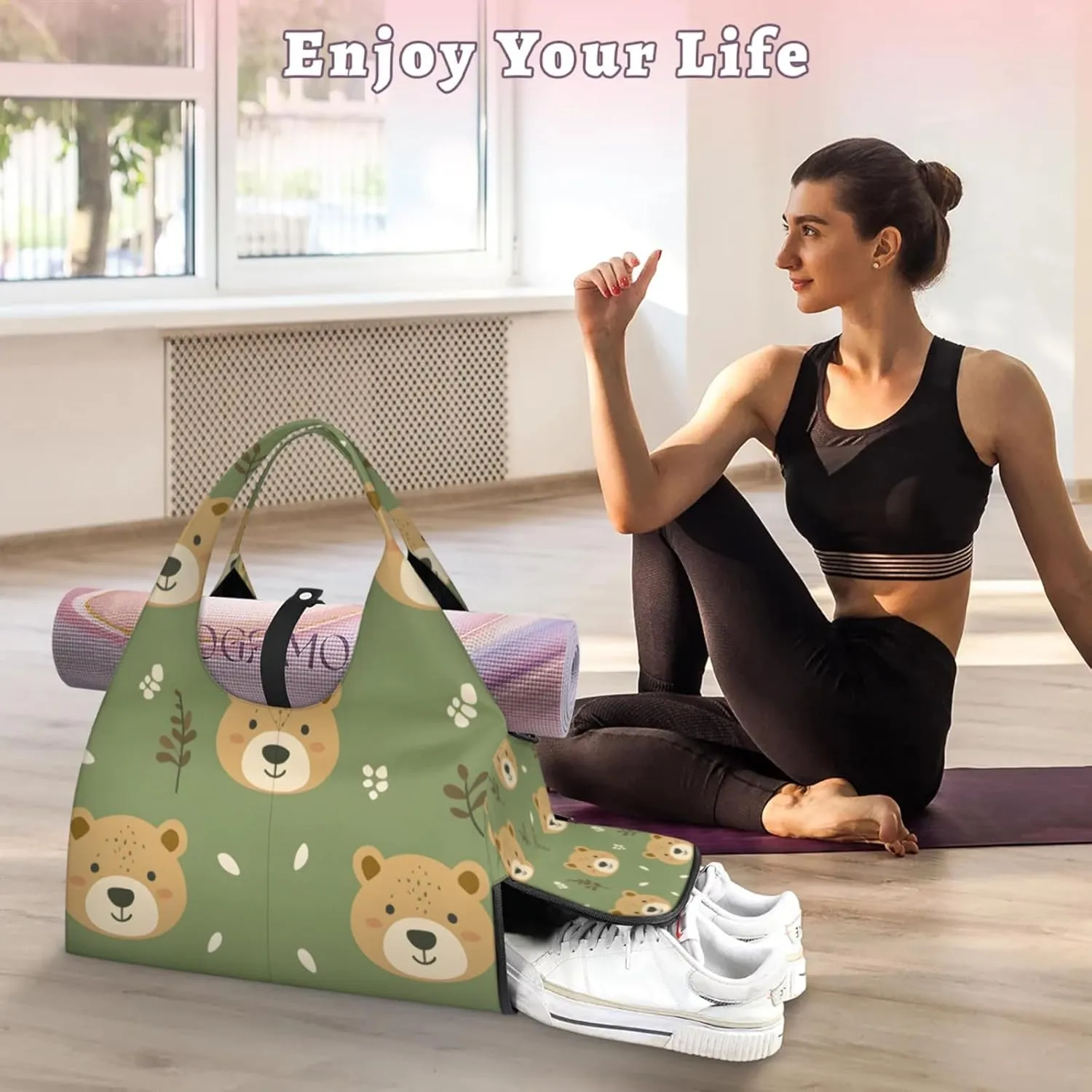 Gym Bag for Women Bear Cartoon Duffel Bag with Shoe Compartment and Yoga Mat Holder Portable Weekender Bags Travel Tote Bags