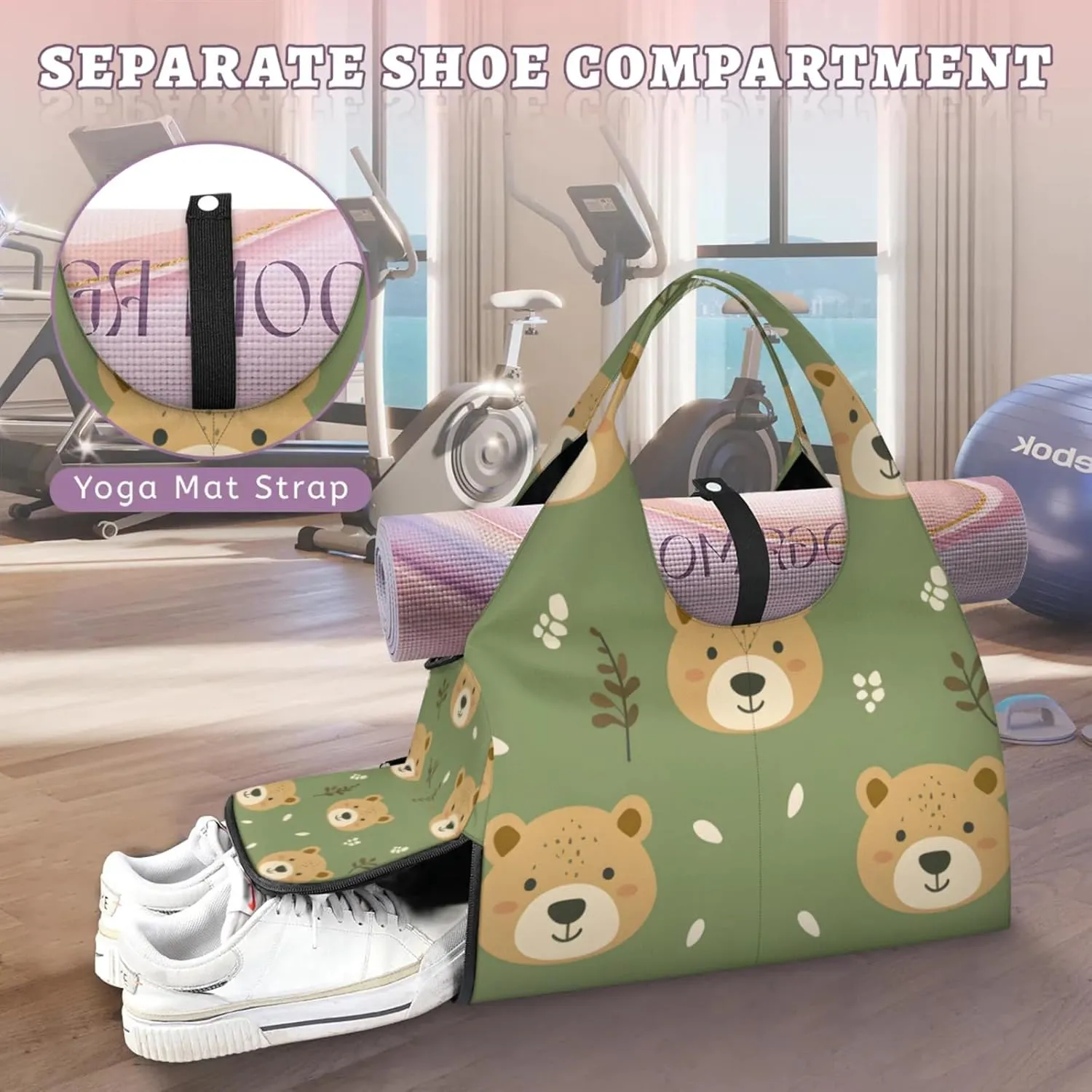 Gym Bag for Women Bear Cartoon Duffel Bag with Shoe Compartment and Yoga Mat Holder Portable Weekender Bags Travel Tote Bags