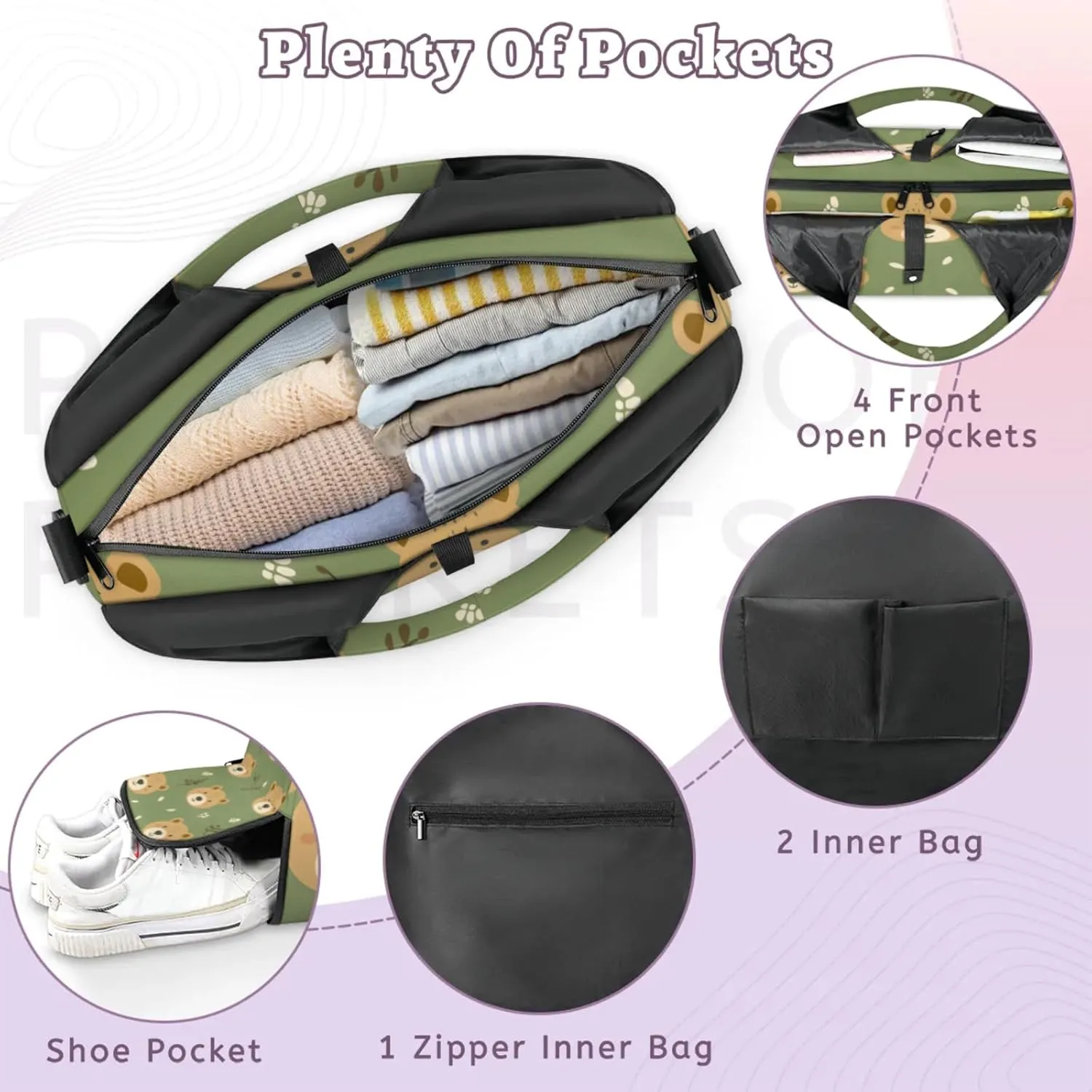 Gym Bag for Women Bear Cartoon Duffel Bag with Shoe Compartment and Yoga Mat Holder Portable Weekender Bags Travel Tote Bags