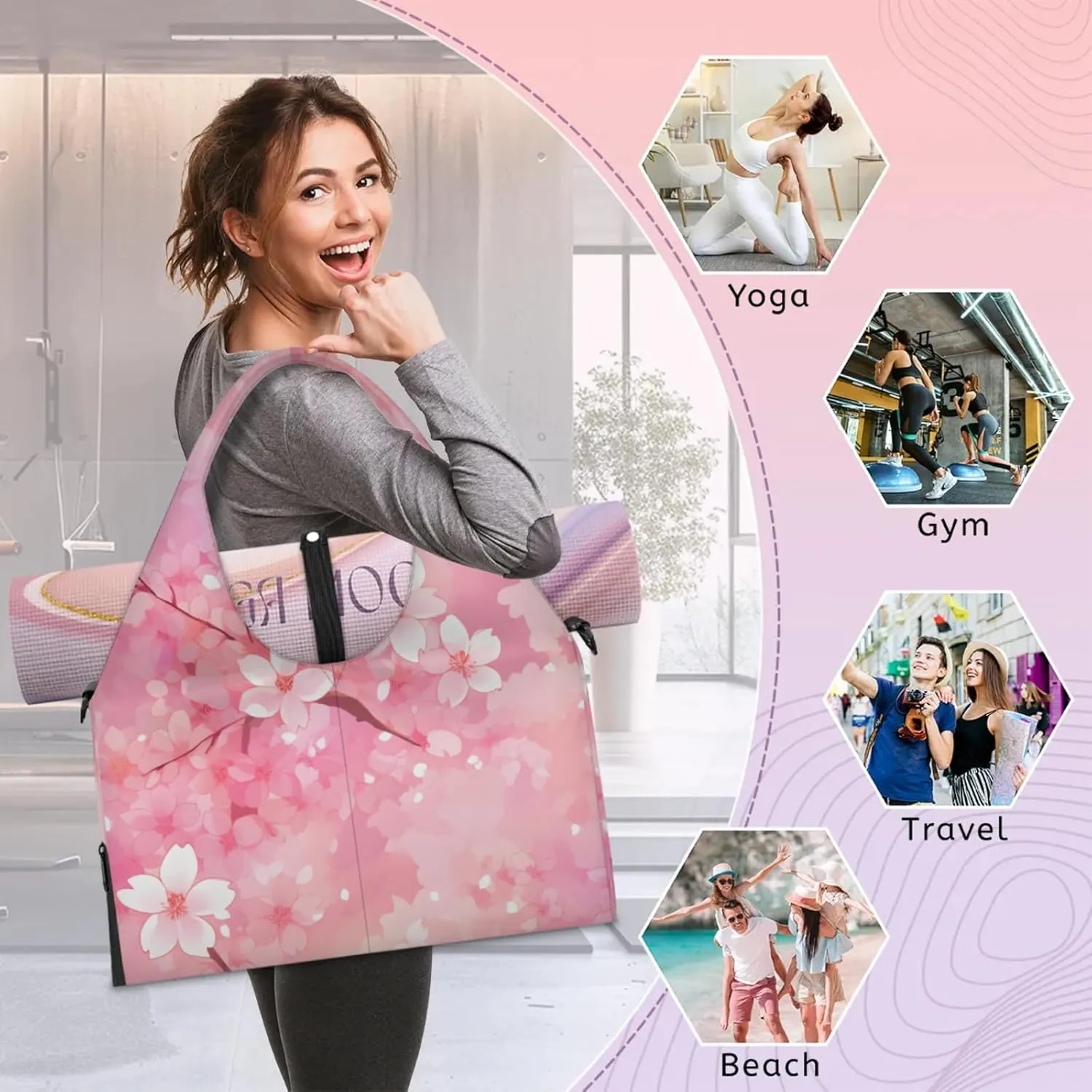 Gym Bag for Women Cherry Flowers Theme Duffel Bag with Shoe Compartment and Yoga Mat Holder Portable Weekender Bags Travel Tote Bags