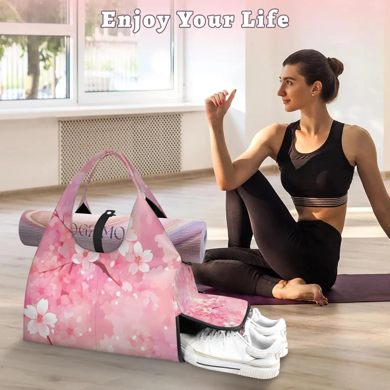 Gym Bag for Women Cherry Flowers Theme Duffel Bag with Shoe Compartment and Yoga Mat Holder Portable Weekender Bags Travel Tote Bags