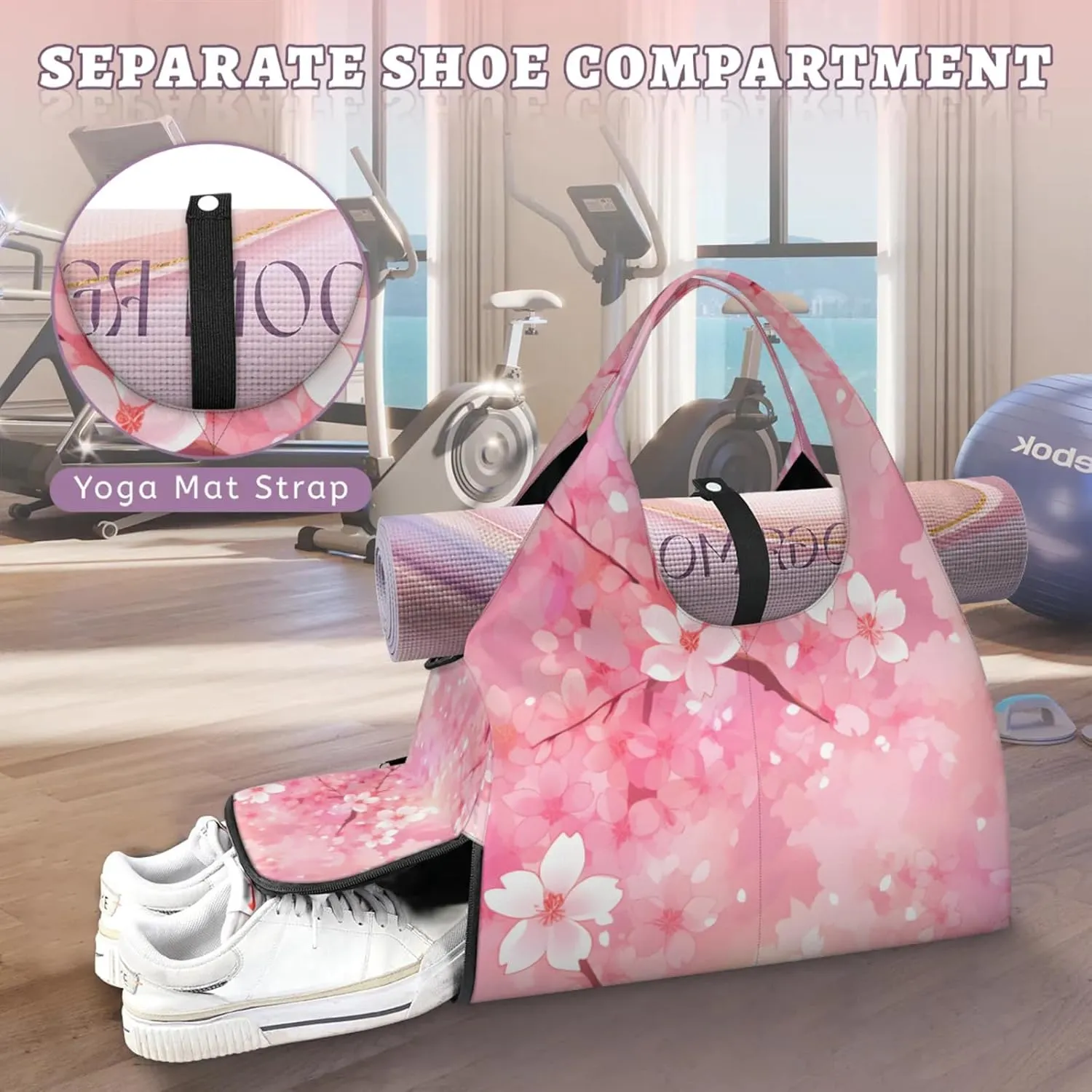 Gym Bag for Women Cherry Flowers Theme Duffel Bag with Shoe Compartment and Yoga Mat Holder Portable Weekender Bags Travel Tote Bags