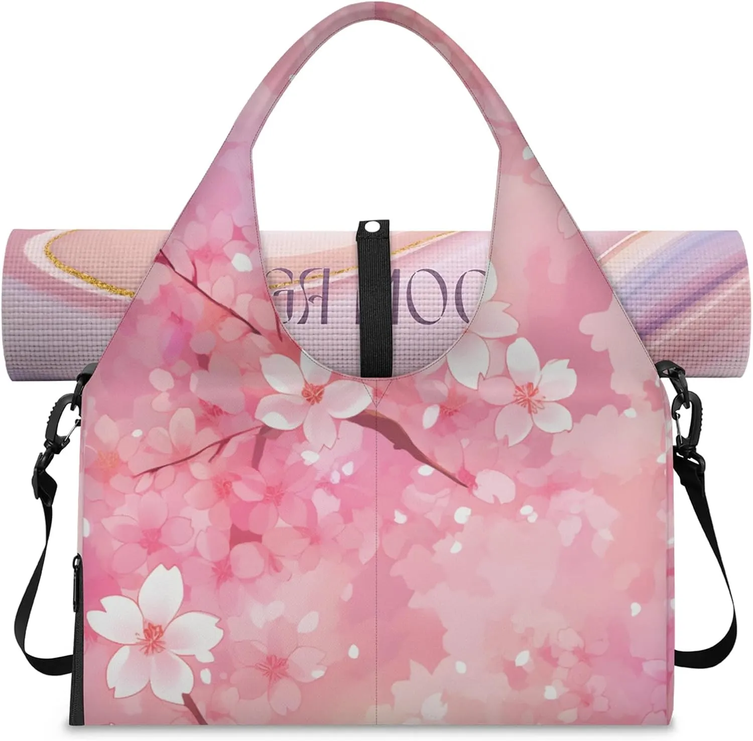Gym Bag for Women Cherry Flowers Theme Duffel Bag with Shoe Compartment and Yoga Mat Holder Portable Weekender Bags Travel Tote Bags