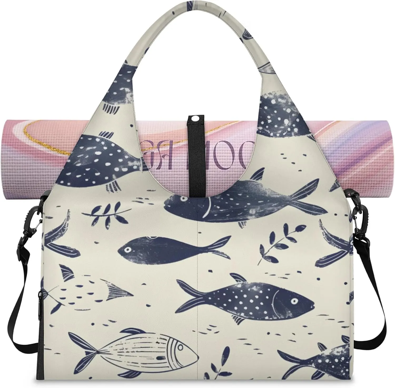 Gym Bag for Women Fish Themed Duffel Bag with Shoe Compartment and Yoga Mat Holder Portable Weekender Bags Travel Tote Bags